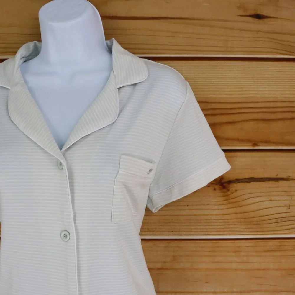 Tahari Pajama Top Button Up Short Sleeves Womens Size M Green White Striped SOFT
